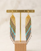 Boucles d'oreilles ailes longues franges perles de verre doré, turquoise et marron, détail acier inoxydable doré - Terre à Perles
