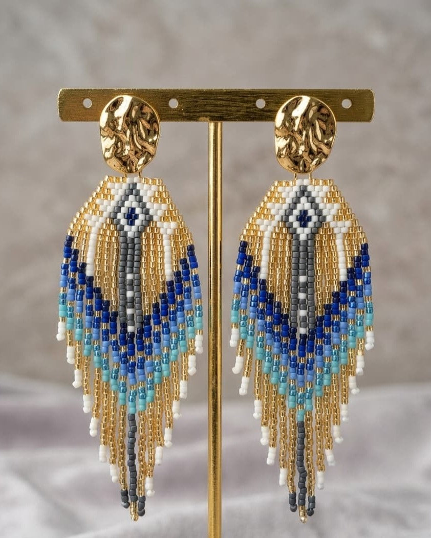 Boucles d'oreilles Fantasia Bleu Lagon pendantes, perles bleu marine et turquoise, finition acier inoxydable doré - Terre à Perles.