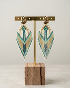 Boucles d'oreilles Fantasia pendantes perles de verre motif blanc, turquoise et bleu, puce acier inoxydable doré - Terre à Perles