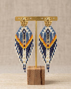 Boucles d'oreilles Fantasia pendantes perles de verre bleu marine, blanc et orange, puce acier inoxydable doré - Terre à Perles