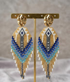Boucles d'oreilles Fantasia pendantes perles de verre dégradé doré, bleu et gris, puce acier inoxydable doré - Terre à Perles