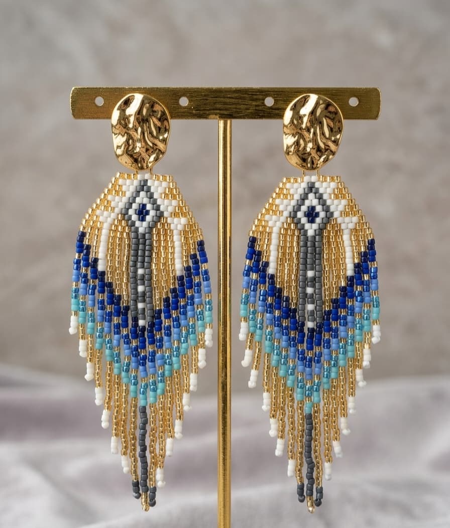 Boucles d'oreilles Fantasia pendantes perles de verre dégradé doré, bleu et gris, puce acier inoxydable doré - Terre à Perles