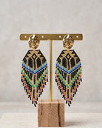 Boucles d'oreilles Fantasia pendantes perles de verre motif noir multicolore, puce acier inoxydable doré - Terre à Perles