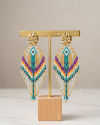 Boucles d'oreilles Fantasia pendantes perles de verre turquoise, violet et doré, puce acier inoxydable doré - Terre à Perles