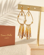 Boucles d'oreilles à franges perles de verre dégradé ambre et doré, acier inoxydable doré - Terre à Perles