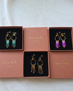 Collection de boucles d'oreilles à franges en perles de verre colorées, coffrets acier inoxydable doré - Terre à Perles