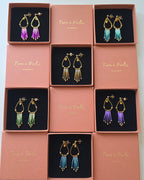 Collection de boucles d'oreilles à franges en perles de verre colorées, coffrets acier inoxydable doré - Terre à Perles