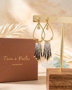 Boucles d'oreilles à franges perles de verre dégradé gris et noir, acier inoxydable doré - Terre à Perles