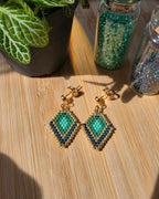 Boucles d'oreilles Shine Like a Diamond perles de verre motif losange turquoise et bleu nuit, acier inoxydable doré, fabrication artisanale - Terre à Perles