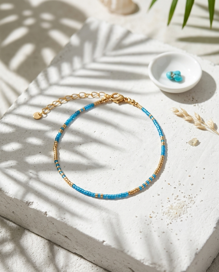 Bracelet de cheville ajustable en perles Miyuki bleu ciel, création artisanale Terre à Perles