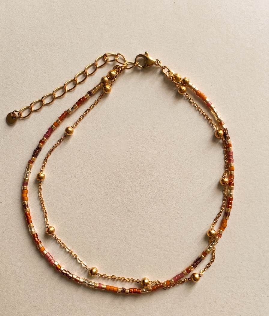 Bracelet de Cheville Double Rang – Perles Colorées & Chaîne Dorée