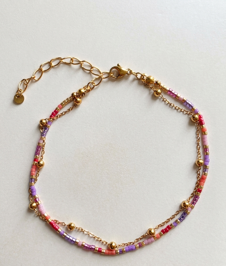Bracelet de Cheville Double Rang – Perles Colorées & Chaîne Dorée