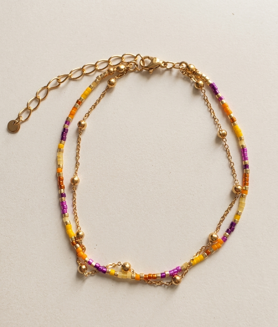 Bracelet de Cheville Double Rang – Perles Colorées & Chaîne Dorée