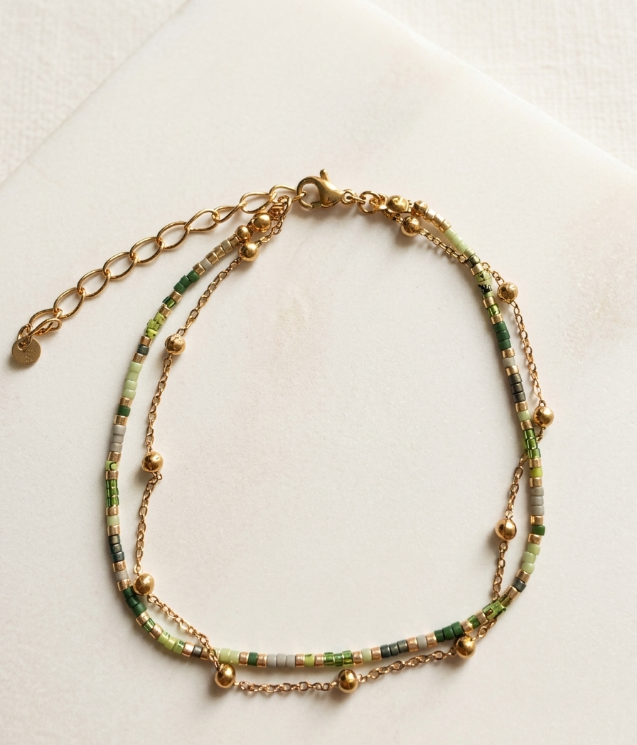 Bracelet de Cheville Double Rang – Perles Colorées & Chaîne Dorée