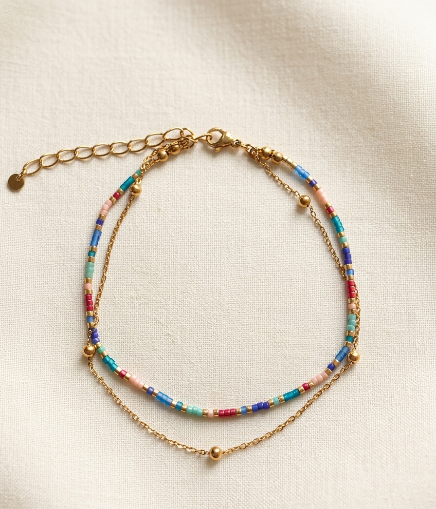 Bracelet de Cheville Double Rang – Perles Colorées & Chaîne Dorée