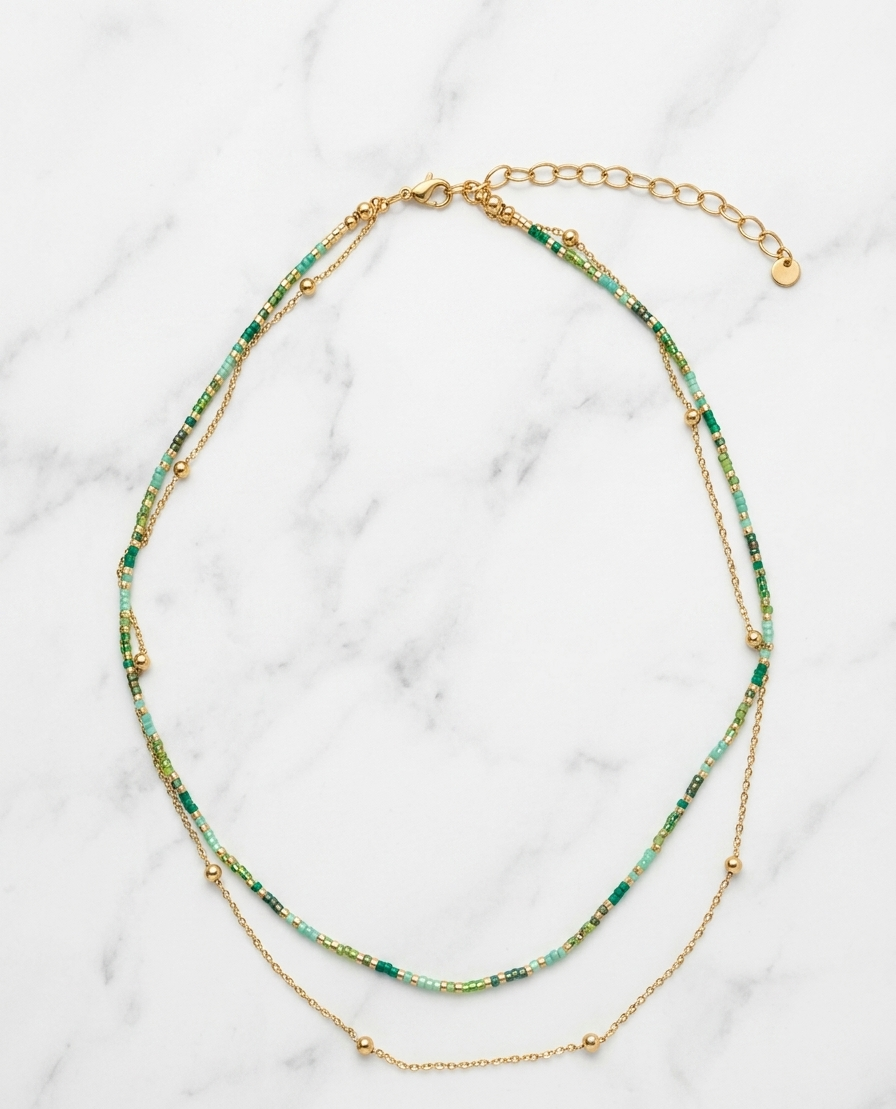 Collier Double Rang – Perles Colorées & Chaîne Dorée