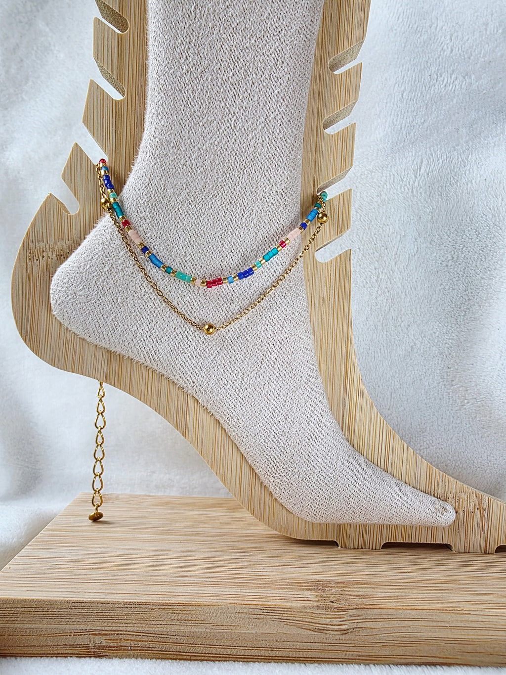 Bracelet de Cheville Double Rang – Perles Colorées & Chaîne Dorée