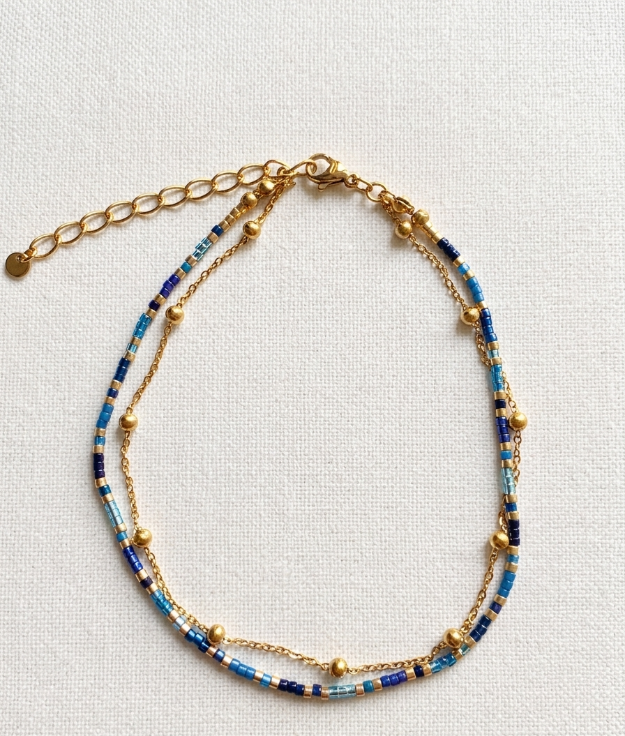 Bracelet de Cheville Double Rang – Perles Colorées & Chaîne Dorée