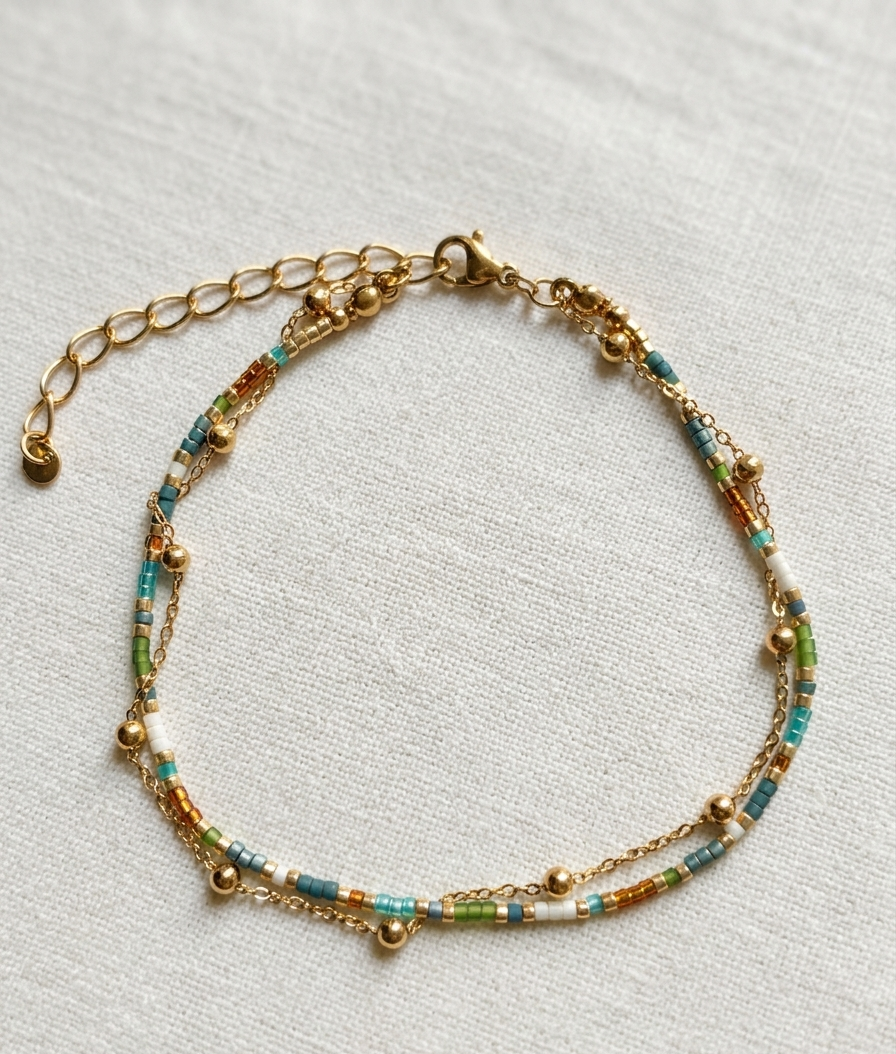 Bracelet de Cheville Double Rang – Perles Colorées & Chaîne Dorée