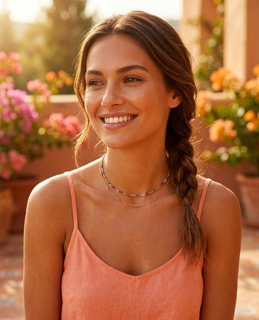 Collier Double Rang – Perles Colorées & Chaîne Dorée