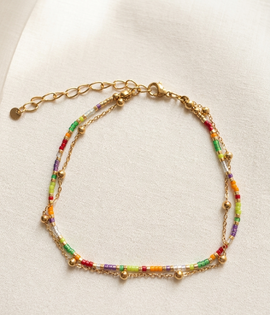 Bracelet de Cheville Double Rang – Perles Colorées & Chaîne Dorée