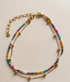 Bracelet de Cheville Double Rang – Perles Colorées & Chaîne Dorée