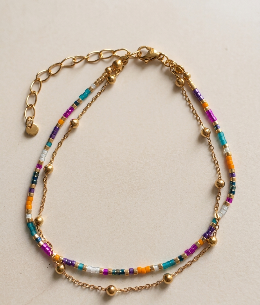Bracelet de Cheville Double Rang – Perles Colorées & Chaîne Dorée