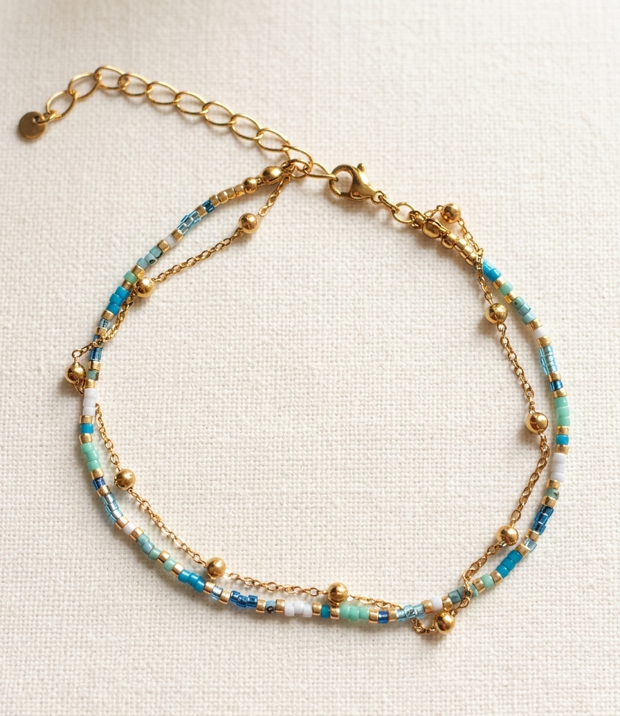Bracelet de Cheville Double Rang – Perles Colorées & Chaîne Dorée