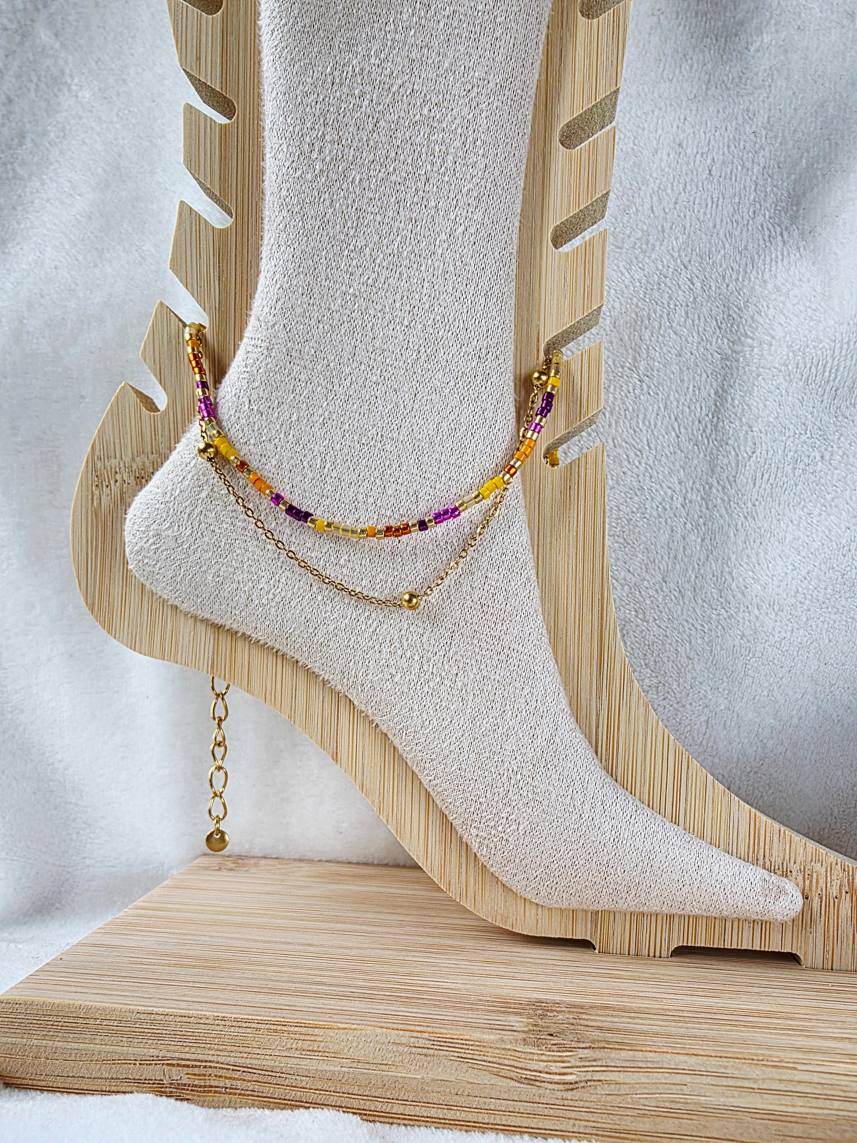 Bracelet de Cheville Double Rang – Perles Colorées & Chaîne Dorée