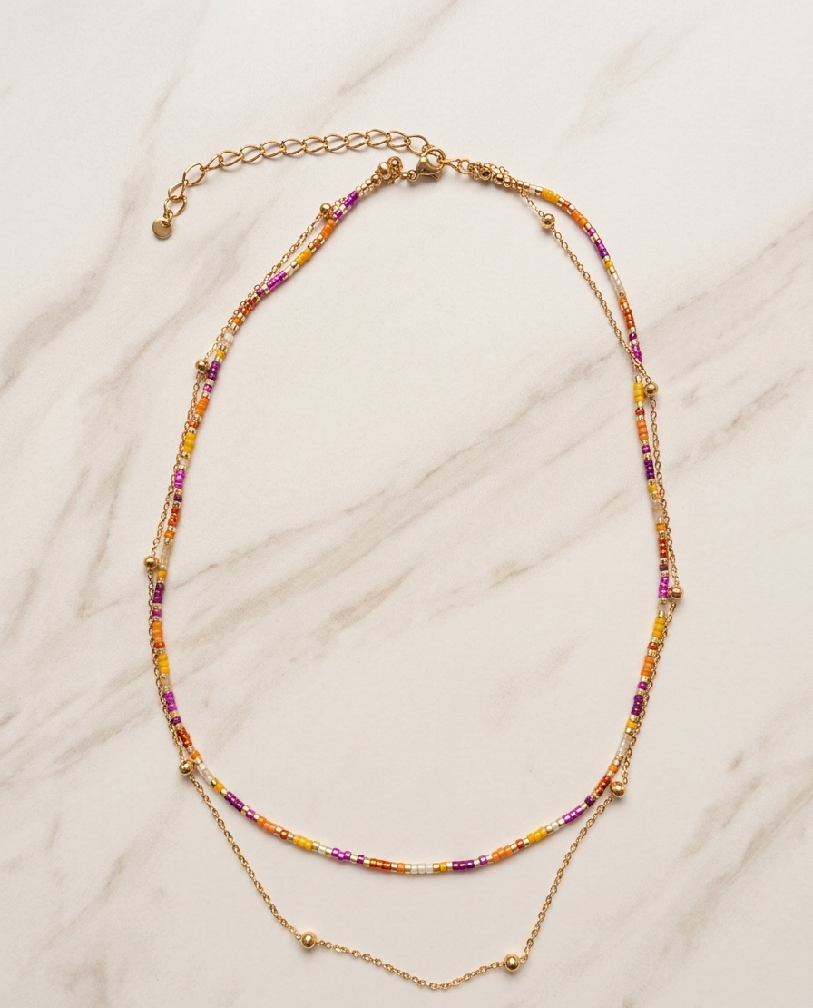 Collier Double Rang – Perles Colorées & Chaîne Dorée